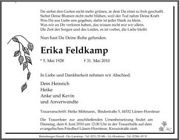 Traueranzeige von Erika Feldkamp von Tageszeitung