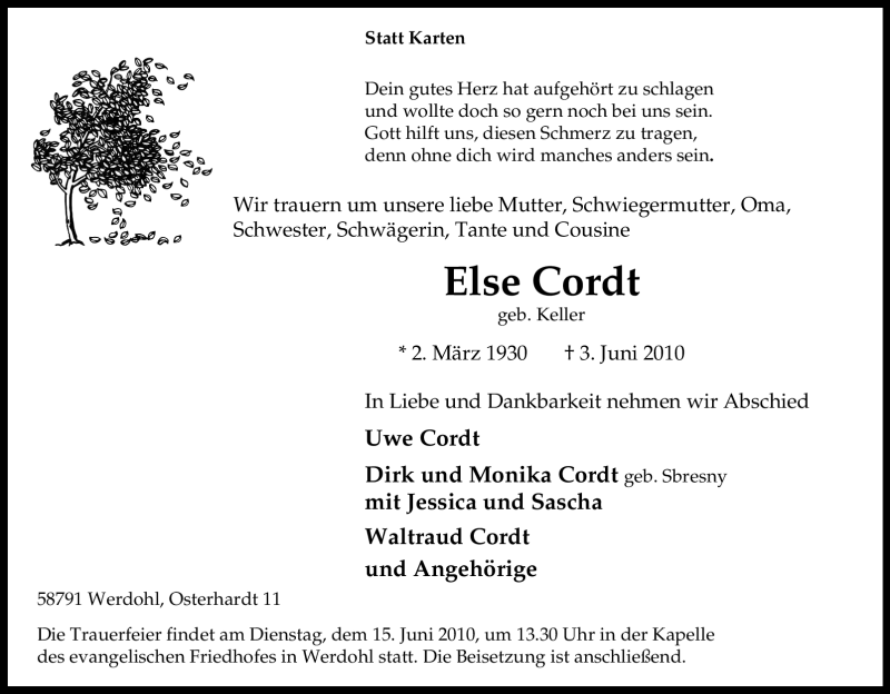  Traueranzeige für Else Cordt vom 10.06.2010 aus Tageszeitung