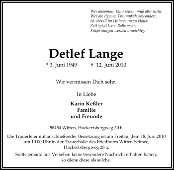 Traueranzeige von Detlef Lange von Tageszeitung