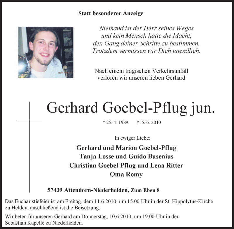  Traueranzeige für Gerhard Goebel-Pflug jun. vom 08.06.2010 aus Tageszeitung