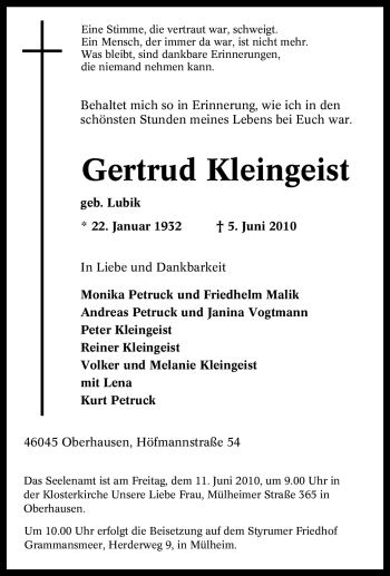 Traueranzeige von Gertrud Kleingeist von Tageszeitung