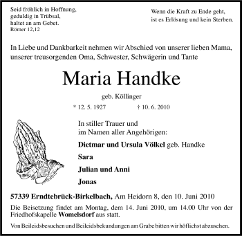 Traueranzeige von Maria Handke von Tageszeitung