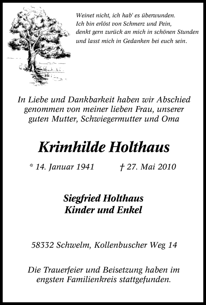  Traueranzeige für Krimhilde Holthaus vom 01.06.2010 aus Tageszeitung