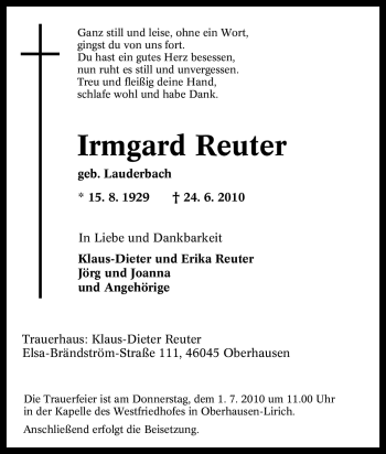 Traueranzeige von Irmgard Reuter von Tageszeitung