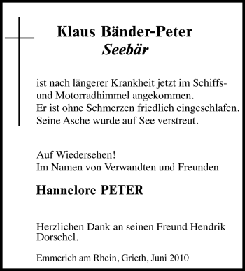Traueranzeige von Klaus Bänder-Peter von Tageszeitung