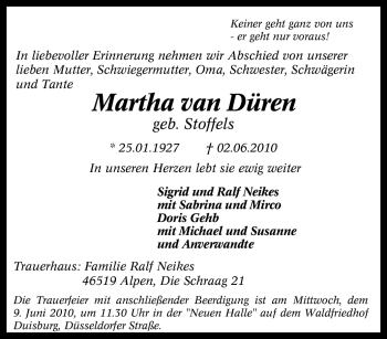 Traueranzeige von Martha van Düren von Tageszeitung