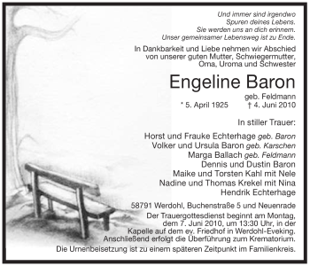 Traueranzeige von Engeline Baron von Tageszeitung