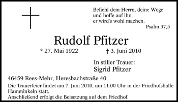 Traueranzeige von Rudolf Pfitzer von Tageszeitung