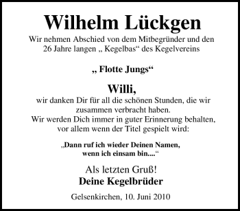Traueranzeige von Wilhelm Lückgen von Tageszeitung