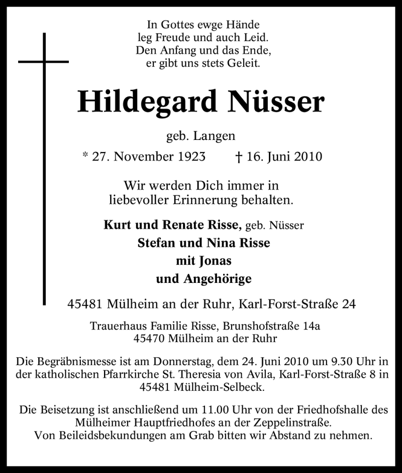  Traueranzeige für Hildegard Nüsser vom 22.06.2010 aus Tageszeitung