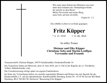 Traueranzeige von Fritz Küpper von Tageszeitung