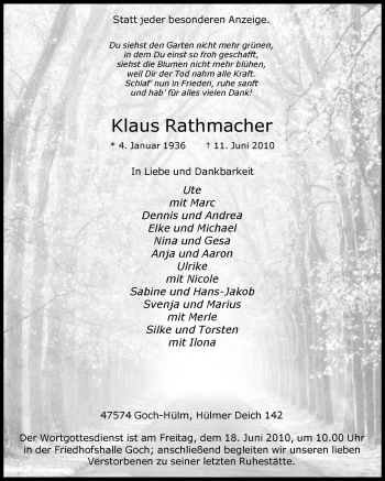 Traueranzeige von Klaus Rathmacher von Tageszeitung