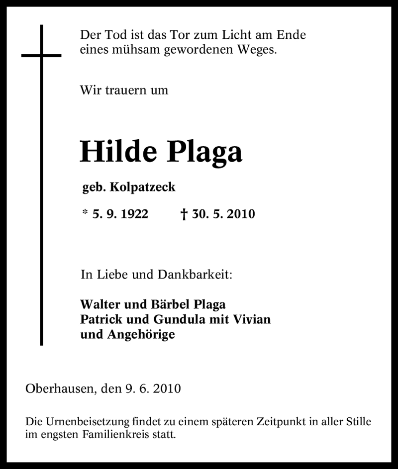 Traueranzeige für Hilde Plaga vom 09.06.2010 aus Tageszeitung