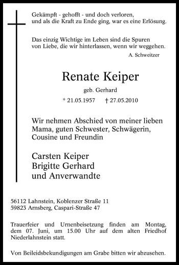 Traueranzeige von Renate Keiper von Tageszeitung