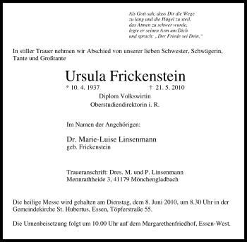 Traueranzeige von Ursula Frickenstein von Tageszeitung