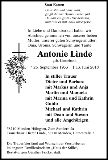 Traueranzeige von Antonie Linde von Tageszeitung