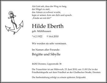 Traueranzeige von Hilde Eberth von Tageszeitung