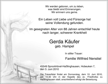 Traueranzeige von Gerda Käufer von Tageszeitung