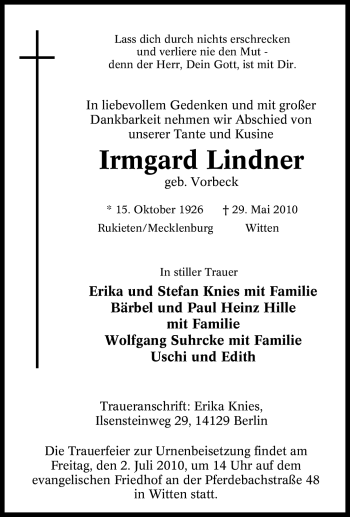 Traueranzeige von Irmgard Lindner von Tageszeitung