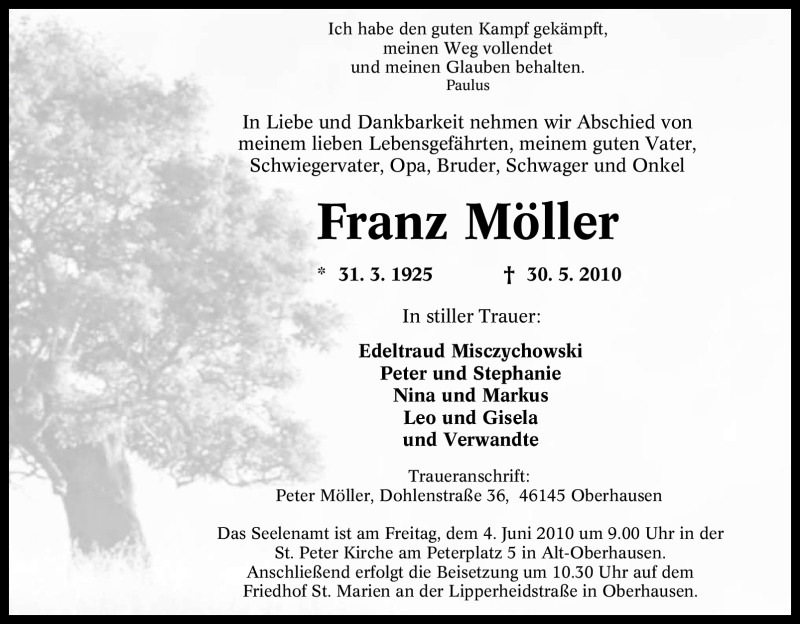  Traueranzeige für Franz Möller vom 01.06.2010 aus Tageszeitung