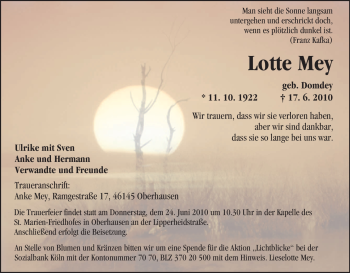 Traueranzeige von Lotte Mey von Tageszeitung