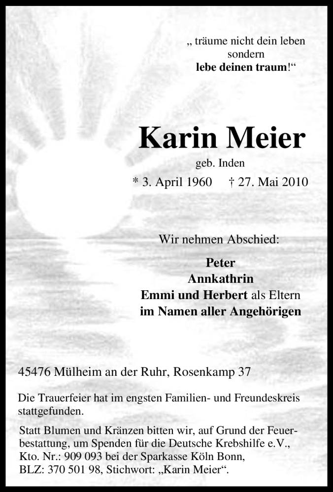  Traueranzeige für Karin Meier vom 03.06.2010 aus Tageszeitung