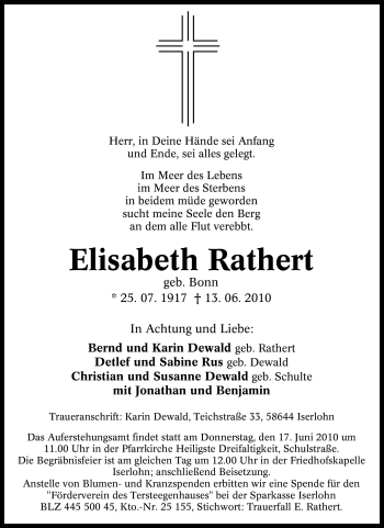 Traueranzeige von Elisabeth Rathert von Tageszeitung