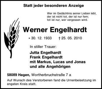 Traueranzeige von Werner Engelhardt von Tageszeitung