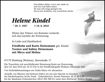 Traueranzeige von Helene Kindel von Tageszeitung