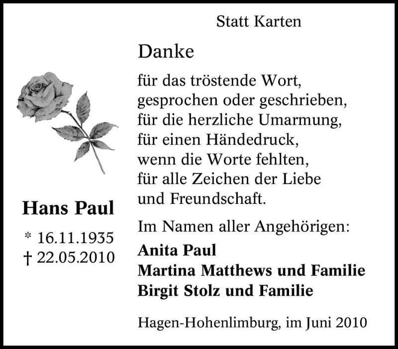  Traueranzeige für Hans Paul vom 12.06.2010 aus Tageszeitung