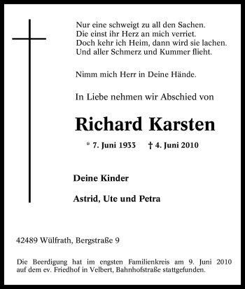 Traueranzeige von Richard Karsten von Tageszeitung