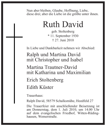 Traueranzeige von Ruth David von Tageszeitung