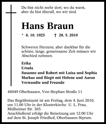 Traueranzeige von Hans Braun von Tageszeitung