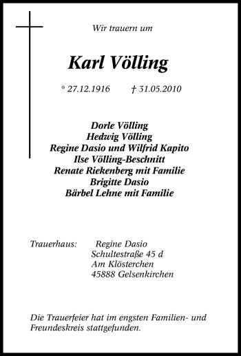 Traueranzeige von Karl Völling von Tageszeitung