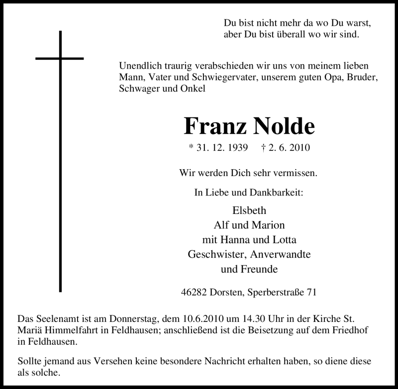 Traueranzeigen von Franz Nolde TrauerinNRW.de