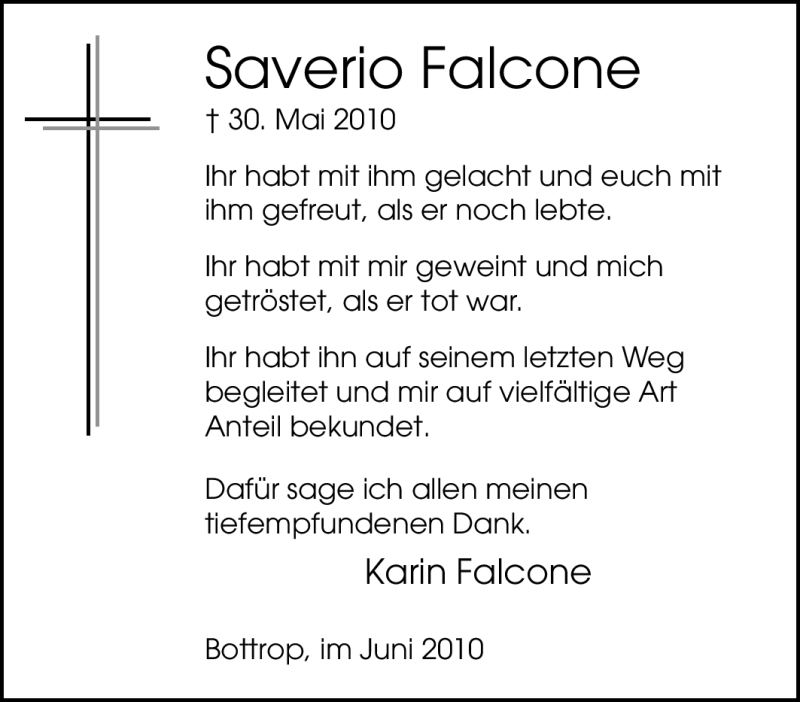  Traueranzeige für Saverio Falcone vom 26.06.2010 aus Tageszeitung