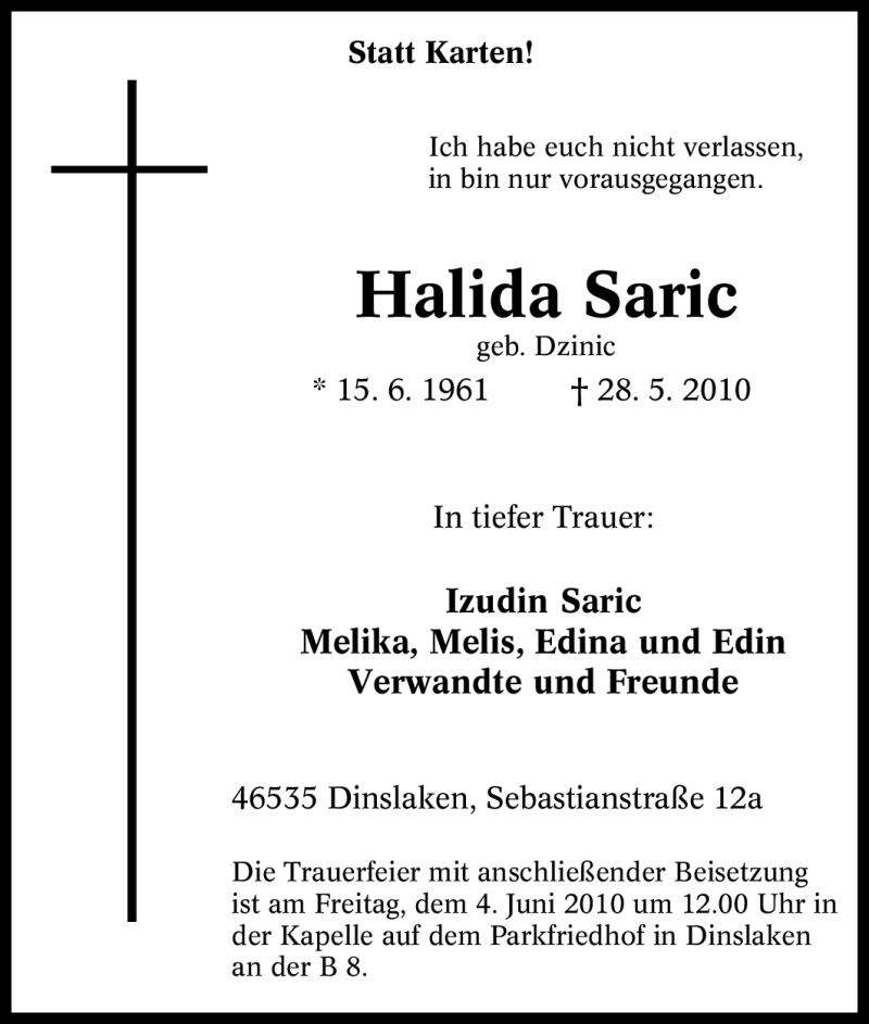  Traueranzeige für Halida Saric vom 02.06.2010 aus Tageszeitung
