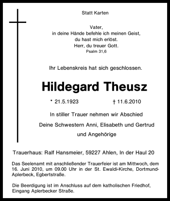 Traueranzeige von Hildegard Theusz von Tageszeitung