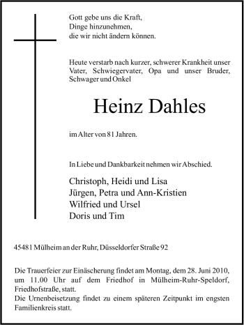 Traueranzeige von Heinz Dahles von Tageszeitung