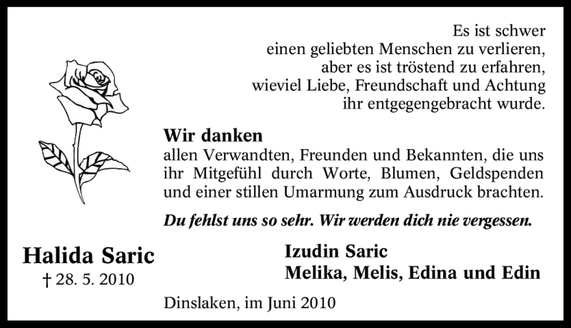  Traueranzeige für Halida Saric vom 26.06.2010 aus Tageszeitung