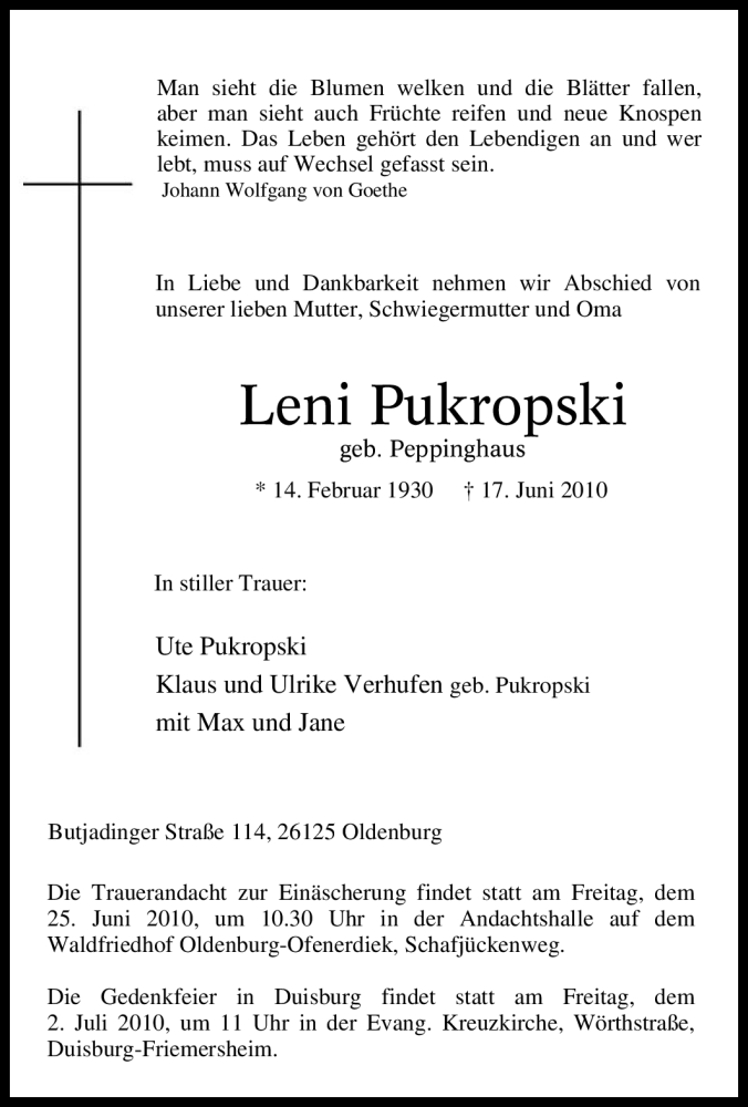  Traueranzeige für Leni Pukropski vom 23.06.2010 aus Tageszeitung