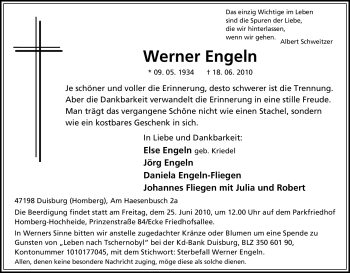 Traueranzeige von Werner Engeln von Tageszeitung