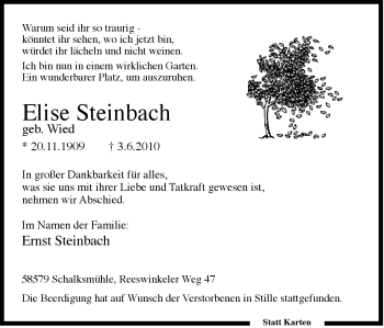 Traueranzeige von Elise Steinbach von Tageszeitung