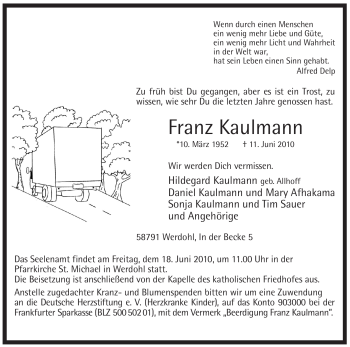Traueranzeige von Franz Kaulmann von Tageszeitung