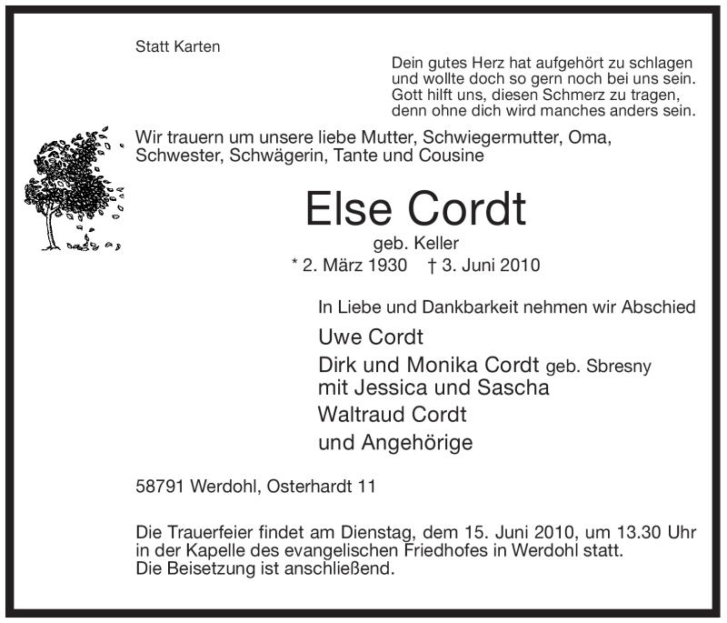  Traueranzeige für Else Cordt vom 10.06.2010 aus Tageszeitung
