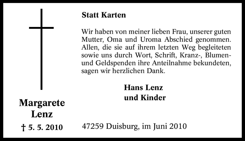  Traueranzeige für Margarete Lenz vom 12.06.2010 aus Tageszeitung