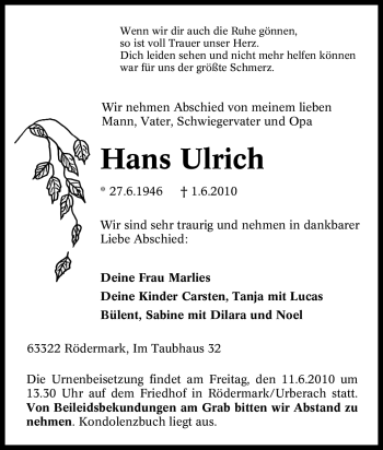 Traueranzeige von Hans Ulrich von Tageszeitung