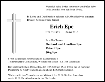 Traueranzeige von Erich Epe von Tageszeitung