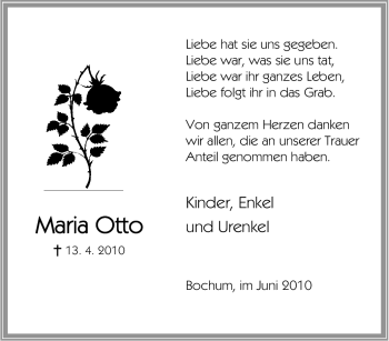 Traueranzeige von Maria Otto von Tageszeitung