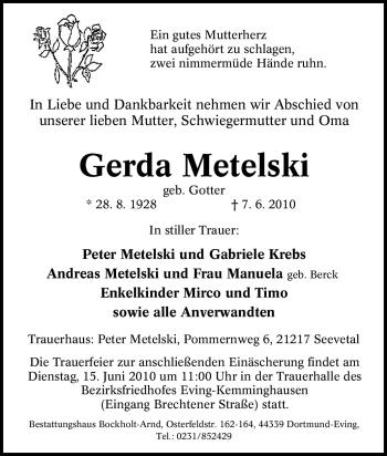 Traueranzeige von Gerda Metelski von Tageszeitung